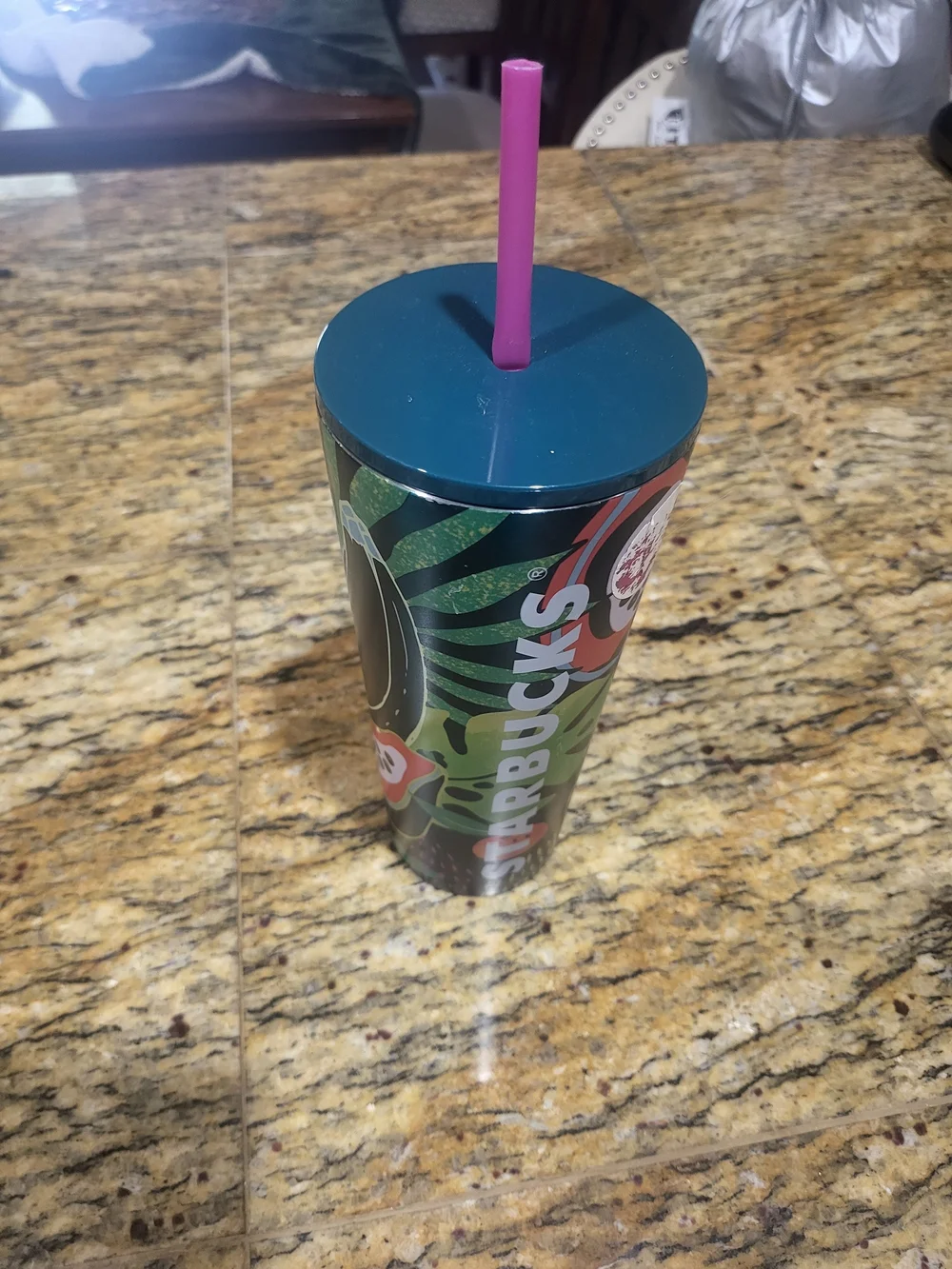 Starbucks Tropical 24 oz Stainless Steel Cold Cup Tumbler w/ Lid & Straw